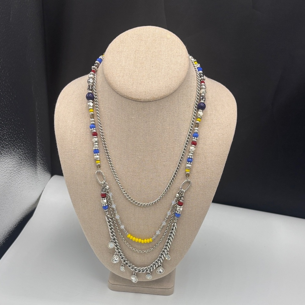 Layered Silver Necklace with Yellow and Multicolor Beads